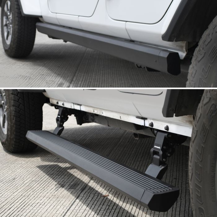 GR NGO Text Electric Running Boards for Wrangler JL Double Cab 2018-2025 Go Rhino